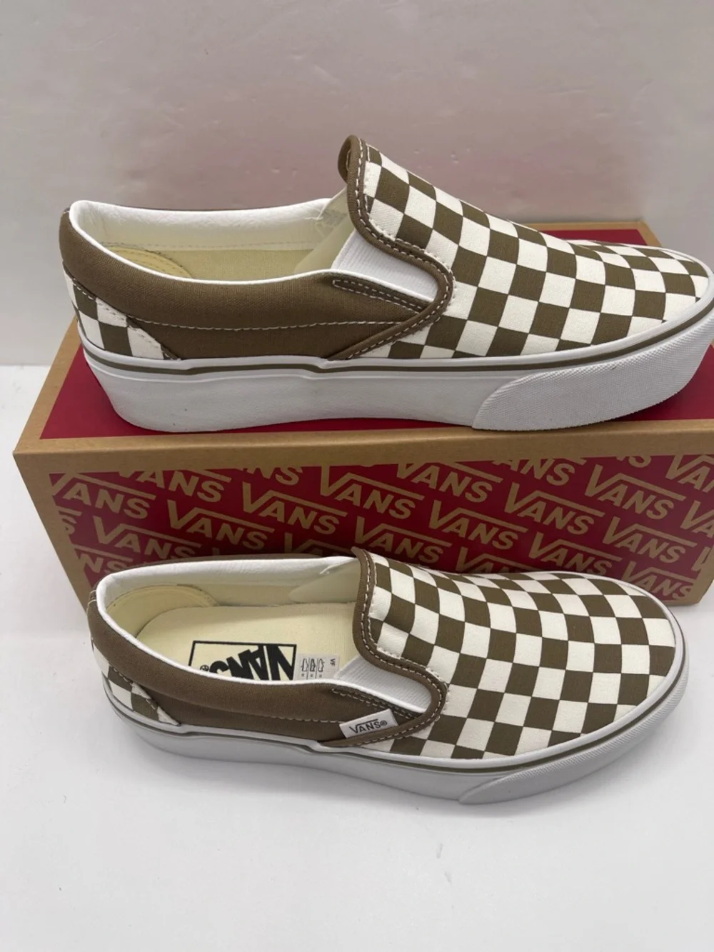 Vans Slip-On Platform Sneakers Checkerboard Sepia Brown VN00018E0E0 New - Picture 2 of 16